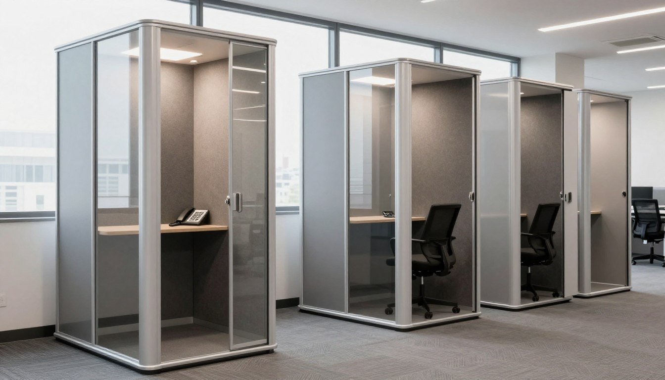 Office phone booths with desks and chairs for private work.