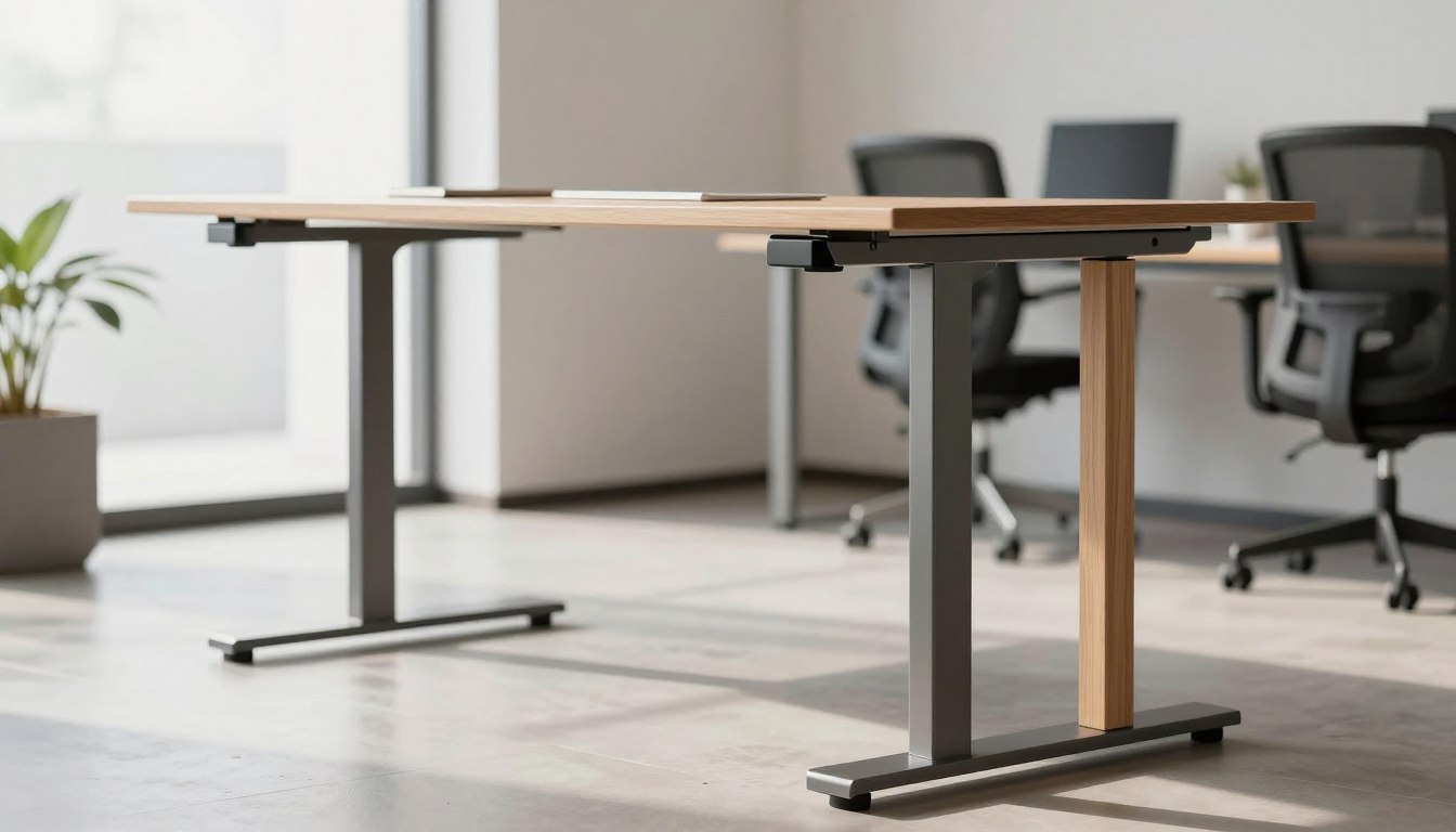 Adjustable standing desk in a modern office with chairs and a plant in the background.