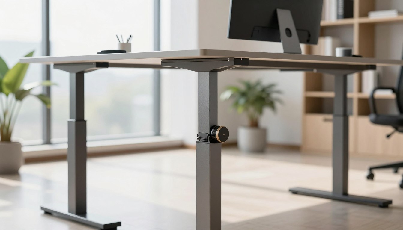 Adjustable standing desk in a modern office with a monitor, plants, and natural light.