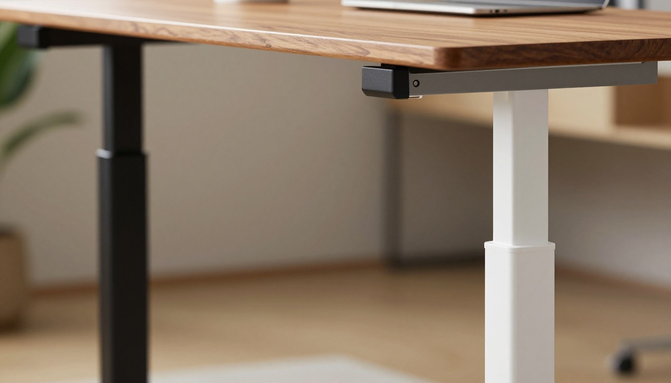 Adjustable desk with wood top and contrasting legs in a modern office.
