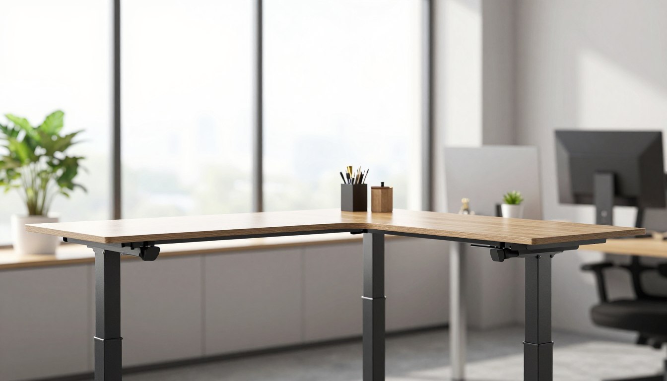 Modern standing desk in bright office with large windows.