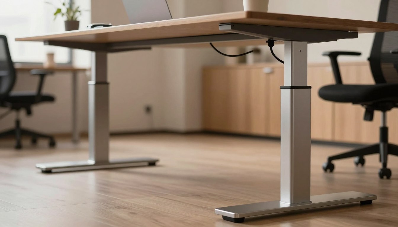 Adjustable standing desk in a modern office with a wooden top and sleek metal legs.