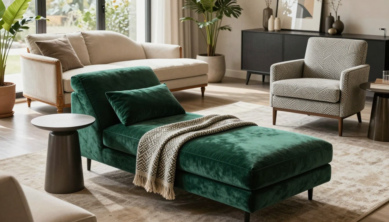 Modern living room with green chaise, beige sofa, and patterned armchair.