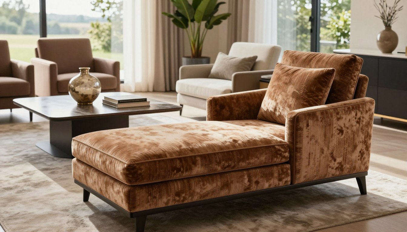 Brown velvet chaise lounge in a modern living room with large windows.