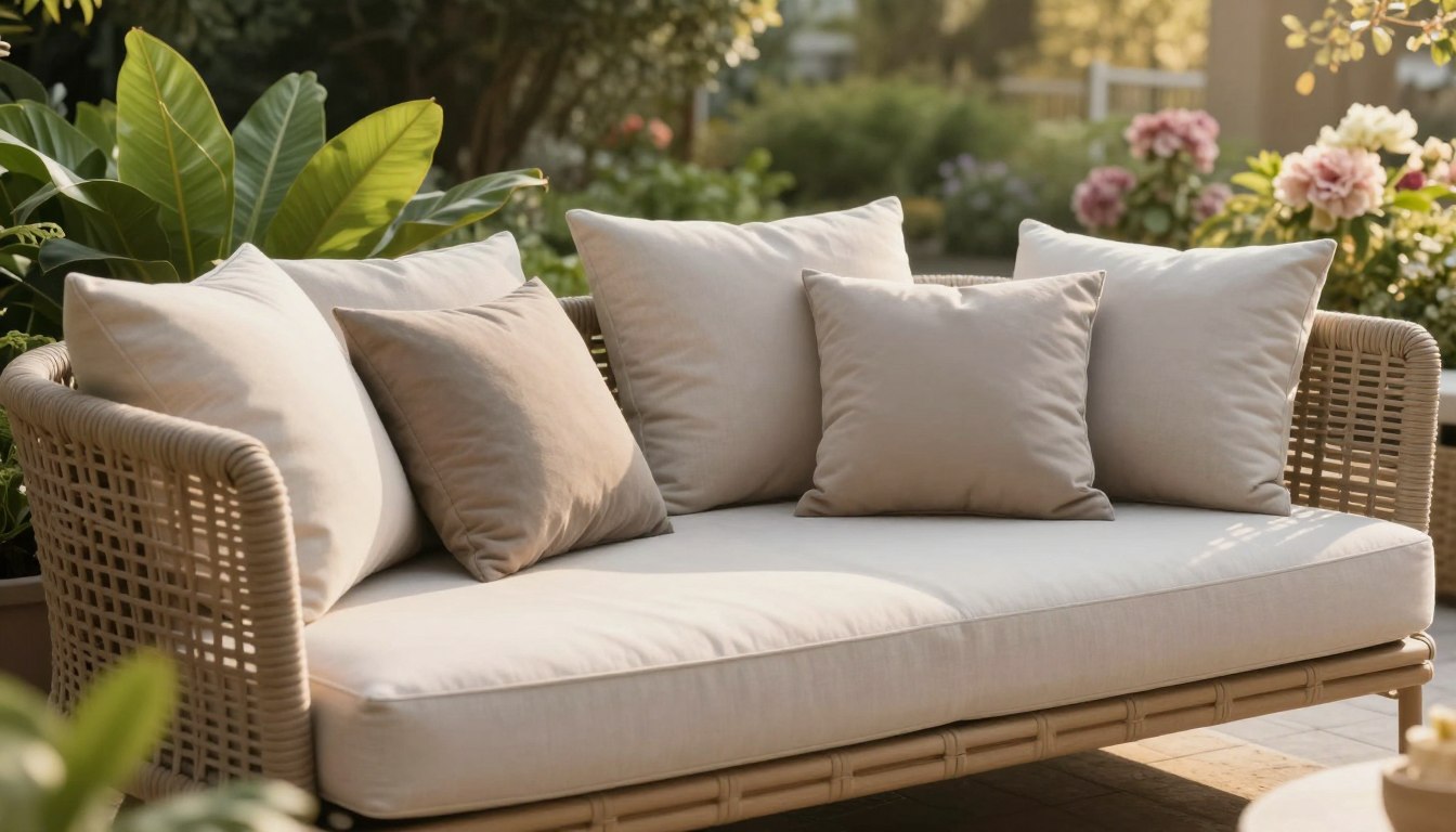 Outdoor sofa with beige cushions in a garden setting.