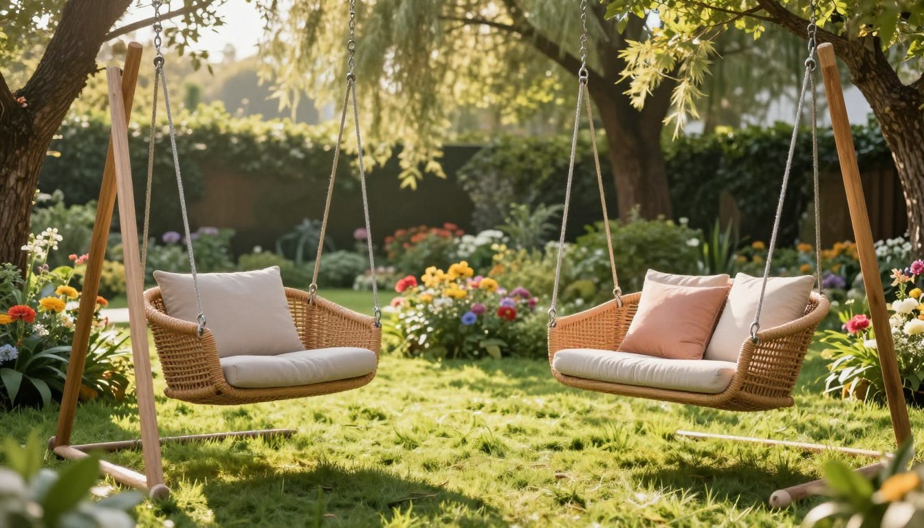 Two wicker swings in a sunny garden with flowers and trees.
