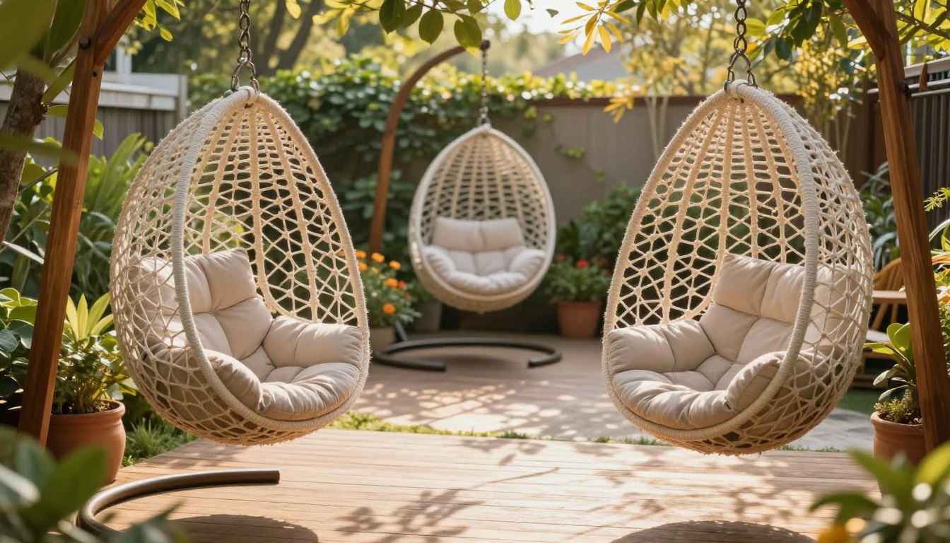 Three hanging wicker chairs with cushions in a sunny garden patio.