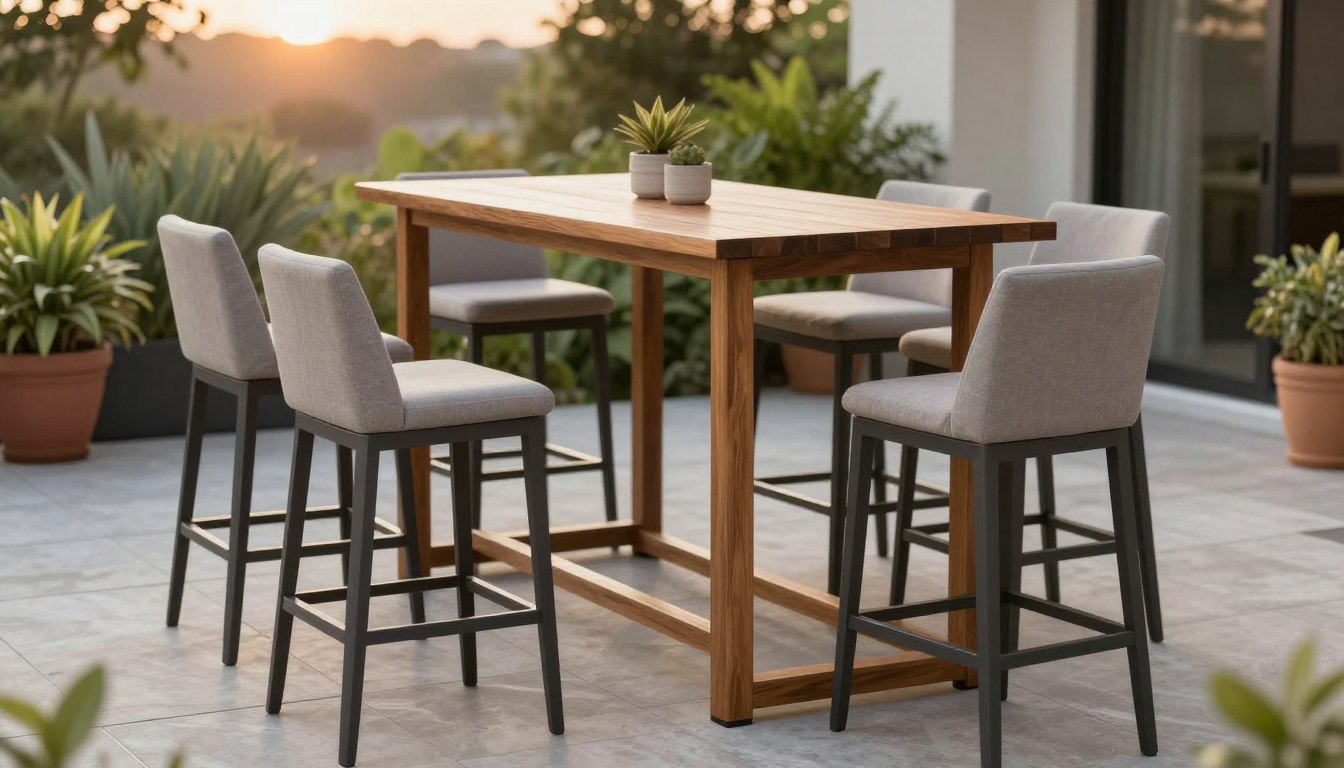 Outdoor dining set with a wooden table, six cushioned chairs, and potted plants in the background.