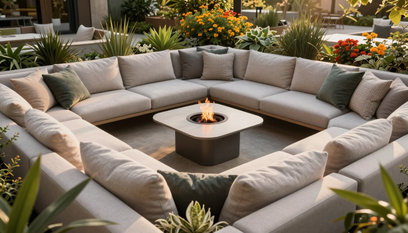 Outdoor patio with a U-shaped sofa and central fire pit.
