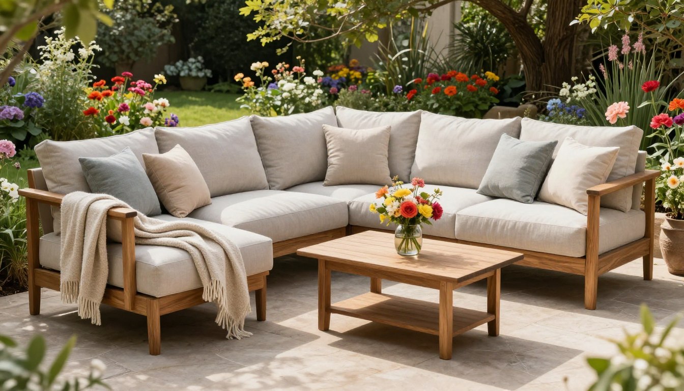 Outdoor patio with beige sectional sofa, wooden coffee table, and colorful garden flowers.