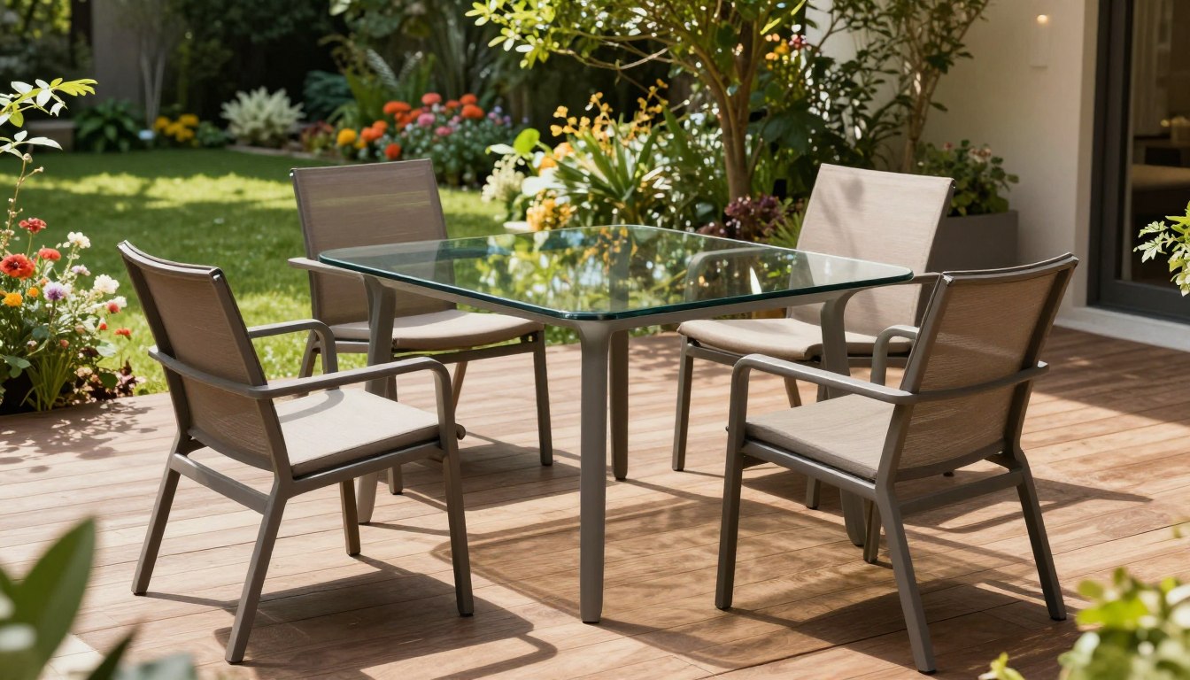 Outdoor patio with a glass-top table, four chairs, and vibrant garden flowers in the background.