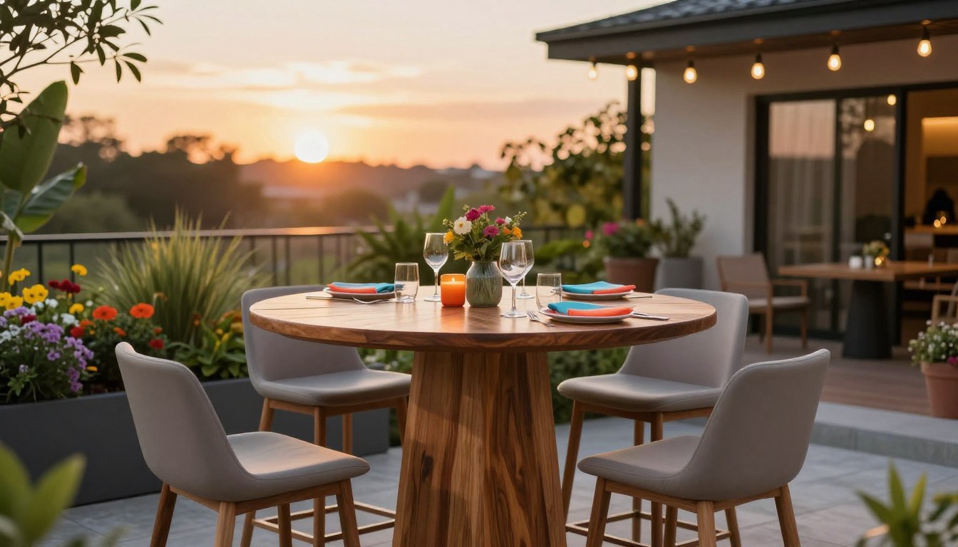 Outdoor dining setup with flowers at sunset.
