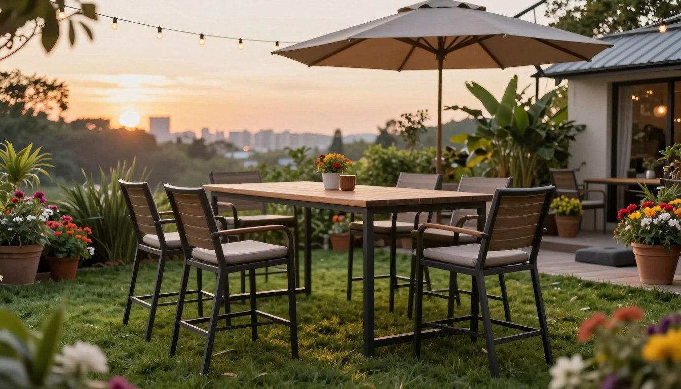 Outdoor patio with a wooden table, chairs, umbrella, and string lights at sunset, surrounded by flowers.