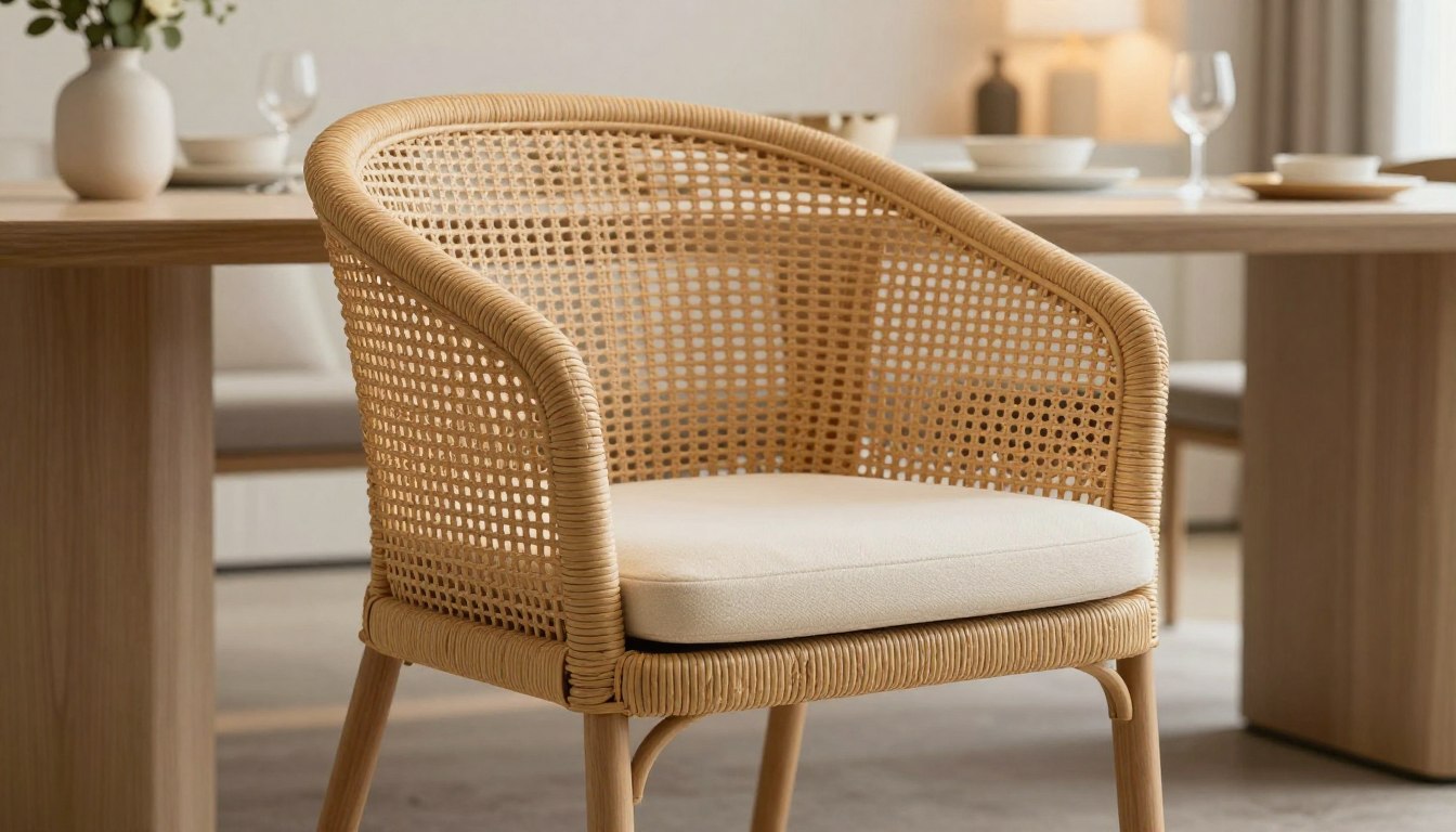 Beige rattan dining chair with a cushioned seat, placed near a wooden dining table in a minimalist room.