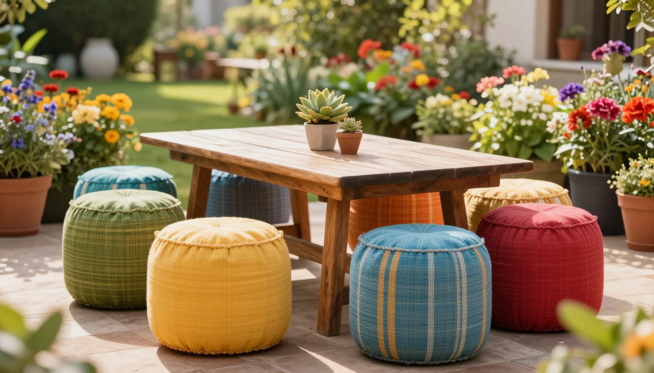 Outdoor patio with a wooden table, colorful poufs, potted plants, and vibrant blooming flowers.