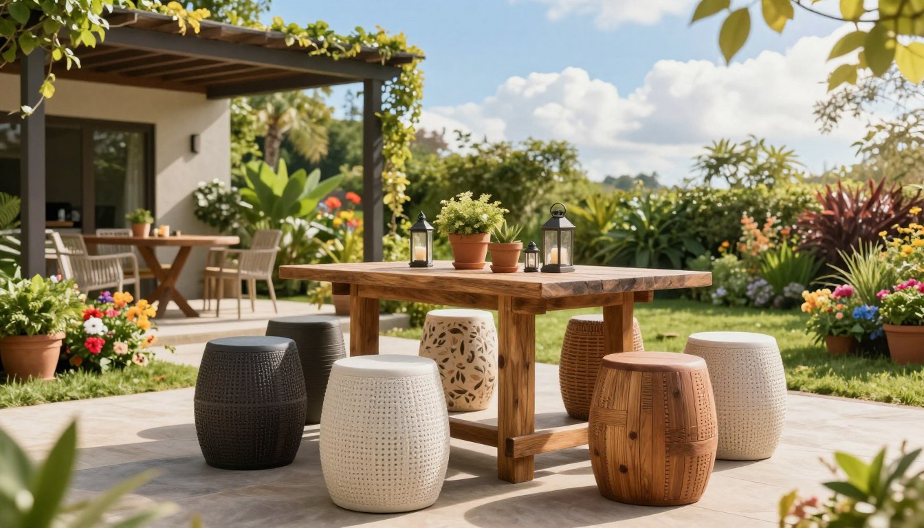 Outdoor patio with a wooden table, decorative stools, lanterns, and lush garden plants in the background.