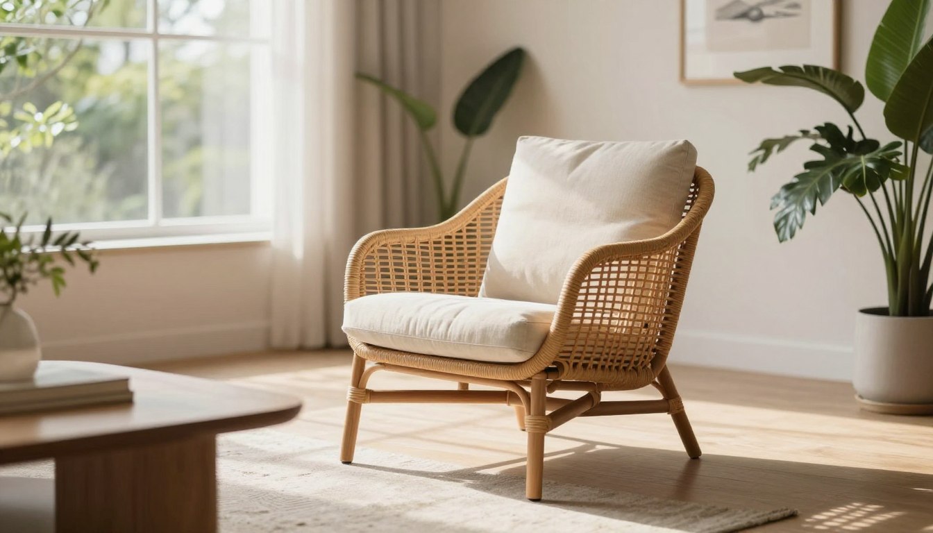 Cozy wicker chair with cushions in sunlit room, surrounded by plants.