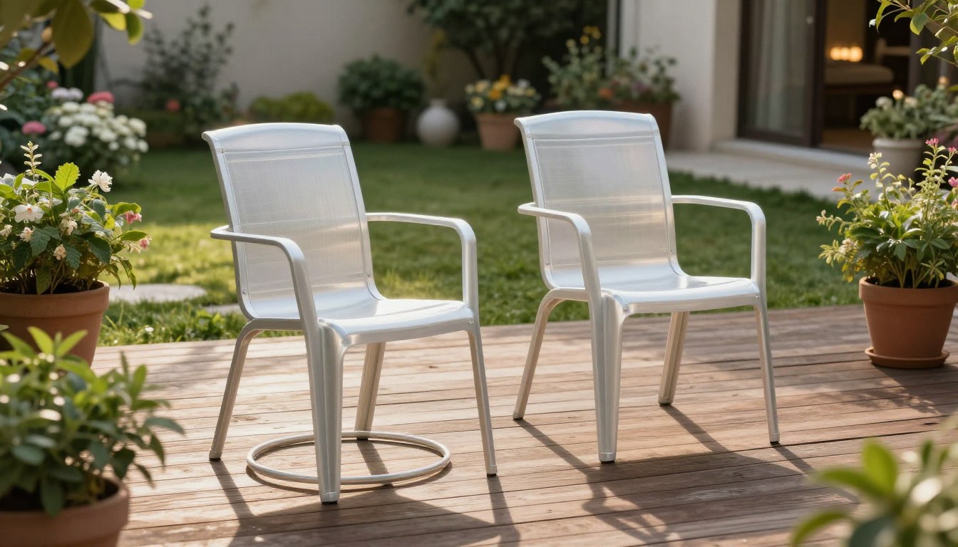 Two white patio chairs on a wooden deck, surrounded by potted plants and a grassy garden.