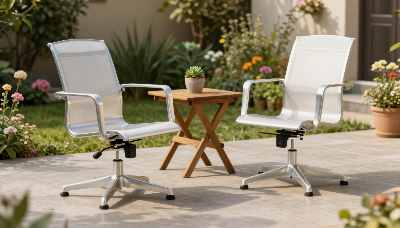 Two modern chairs and a small table with a plant on a patio, surrounded by garden flowers.