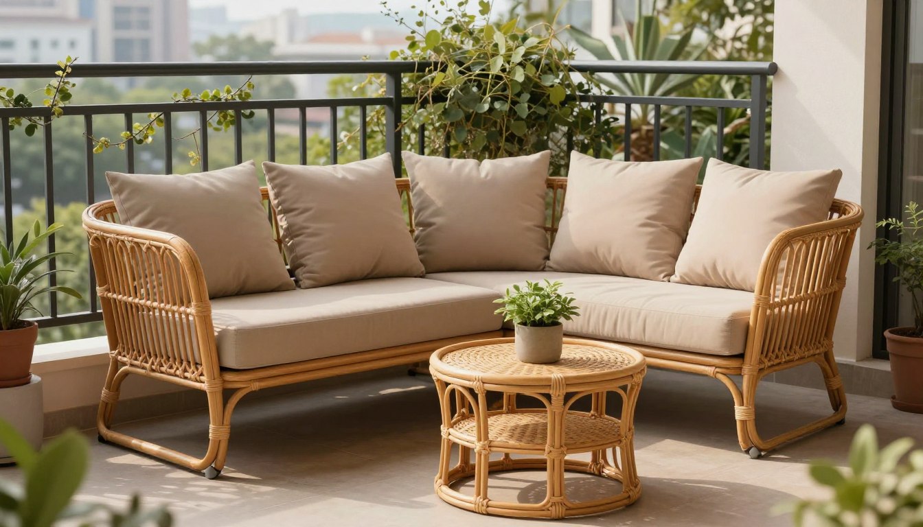 Rattan patio set with beige cushions and plants on a sunny balcony.