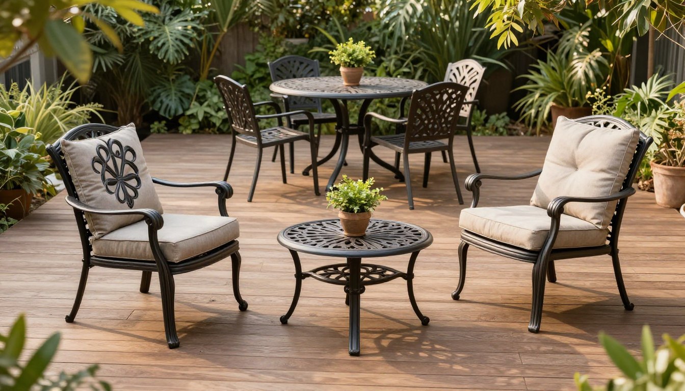 Patio furniture on a wooden deck with plants and trees.