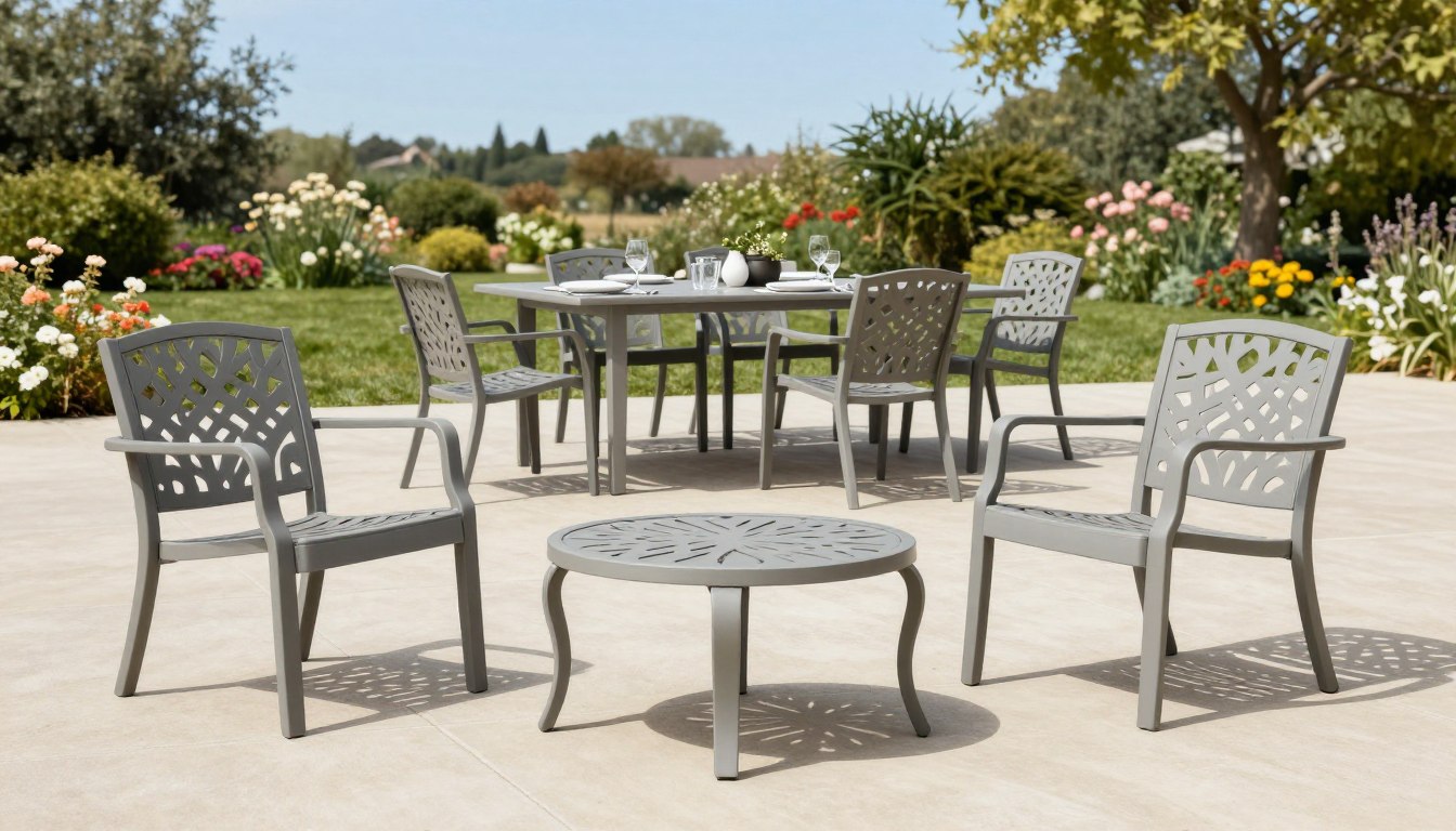 Outdoor patio set with gray chairs and table, surrounded by a garden.