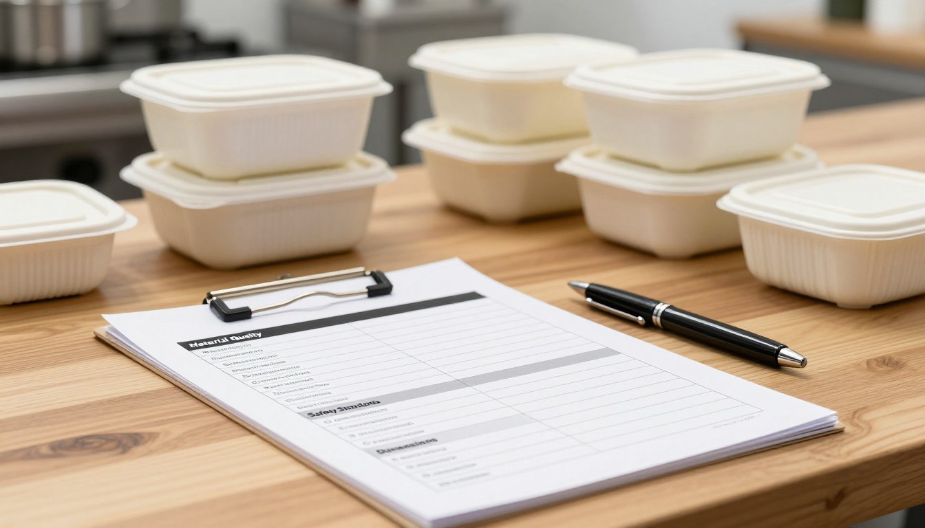 Food containers on a wooden countertop with a clipboard and pen in the foreground.