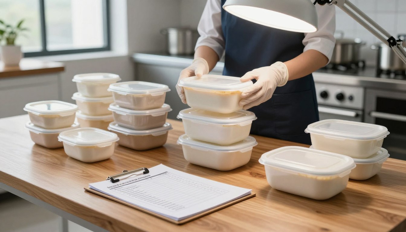 Person organizing stacked food containers on a countertop with a clipboard nearby in a kitchen setting.