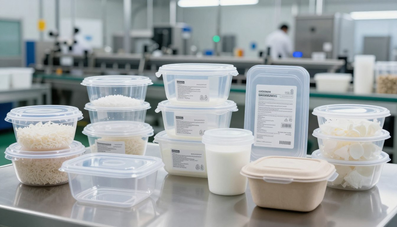 Plastic containers with food ingredients in a laboratory setting.
