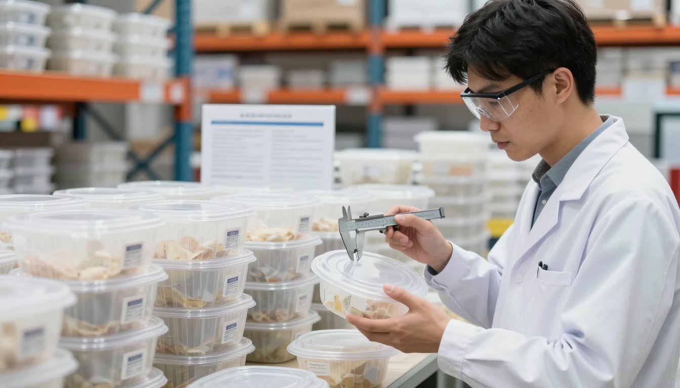 Scientist measuring food samples in plastic containers with a caliper in a laboratory setting.