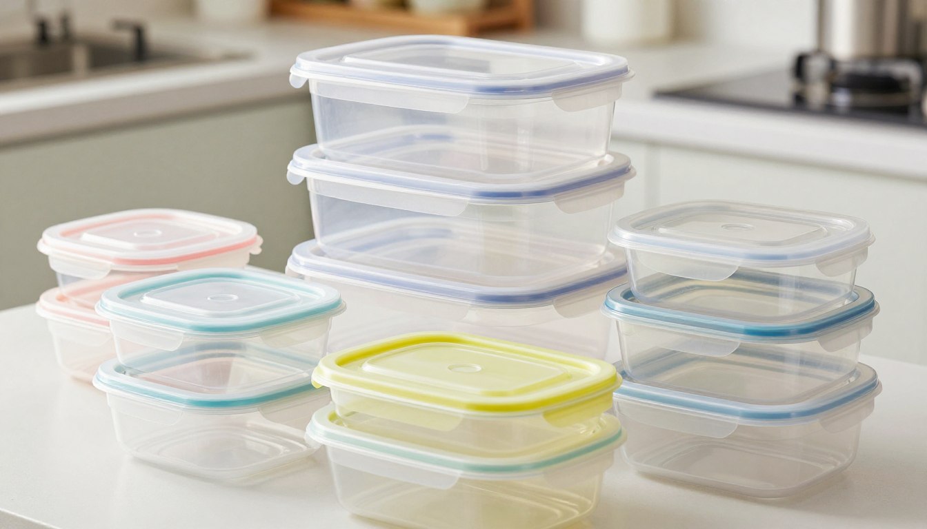 Stacked plastic food storage containers with colorful lids on a white kitchen countertop.