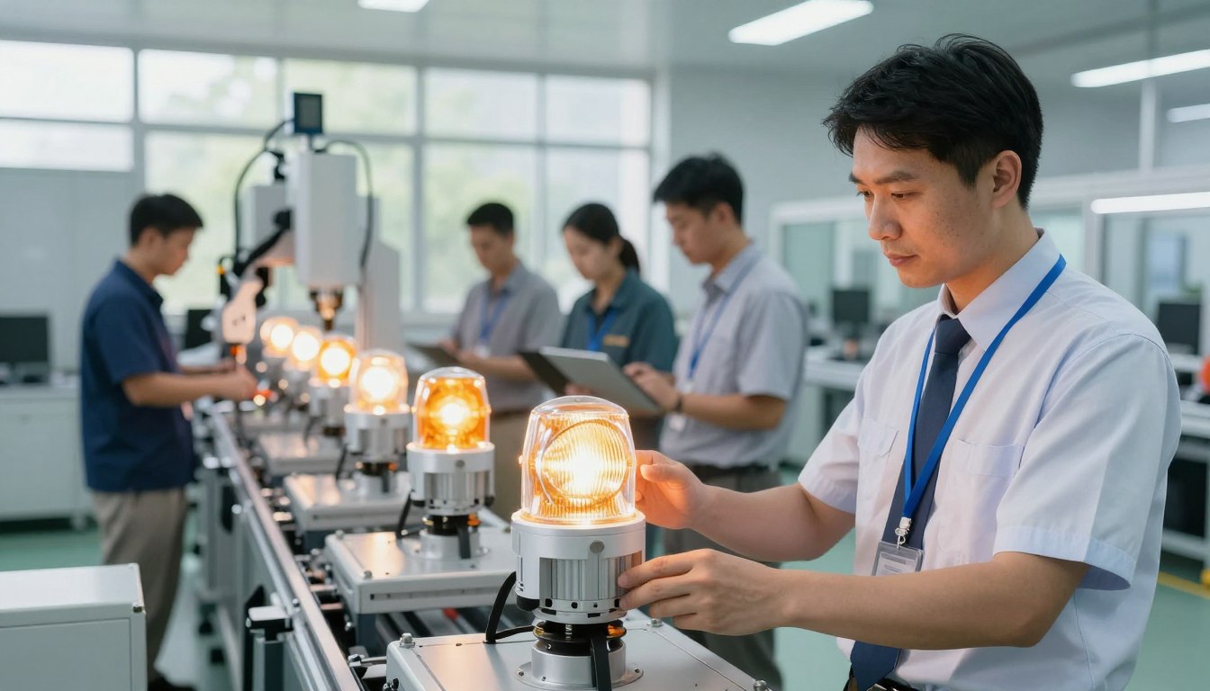 Technicians working on an assembly line with illuminated warning lights in a laboratory setting.