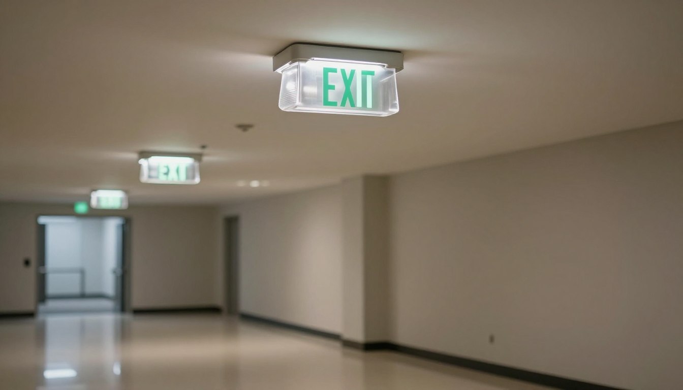 Ceiling-mounted illuminated exit signs in a quiet, empty hallway.