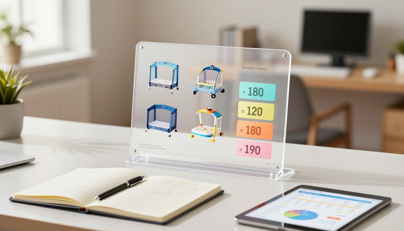 Acrylic display with playpen images and prices on a desk with a notebook and tablet.