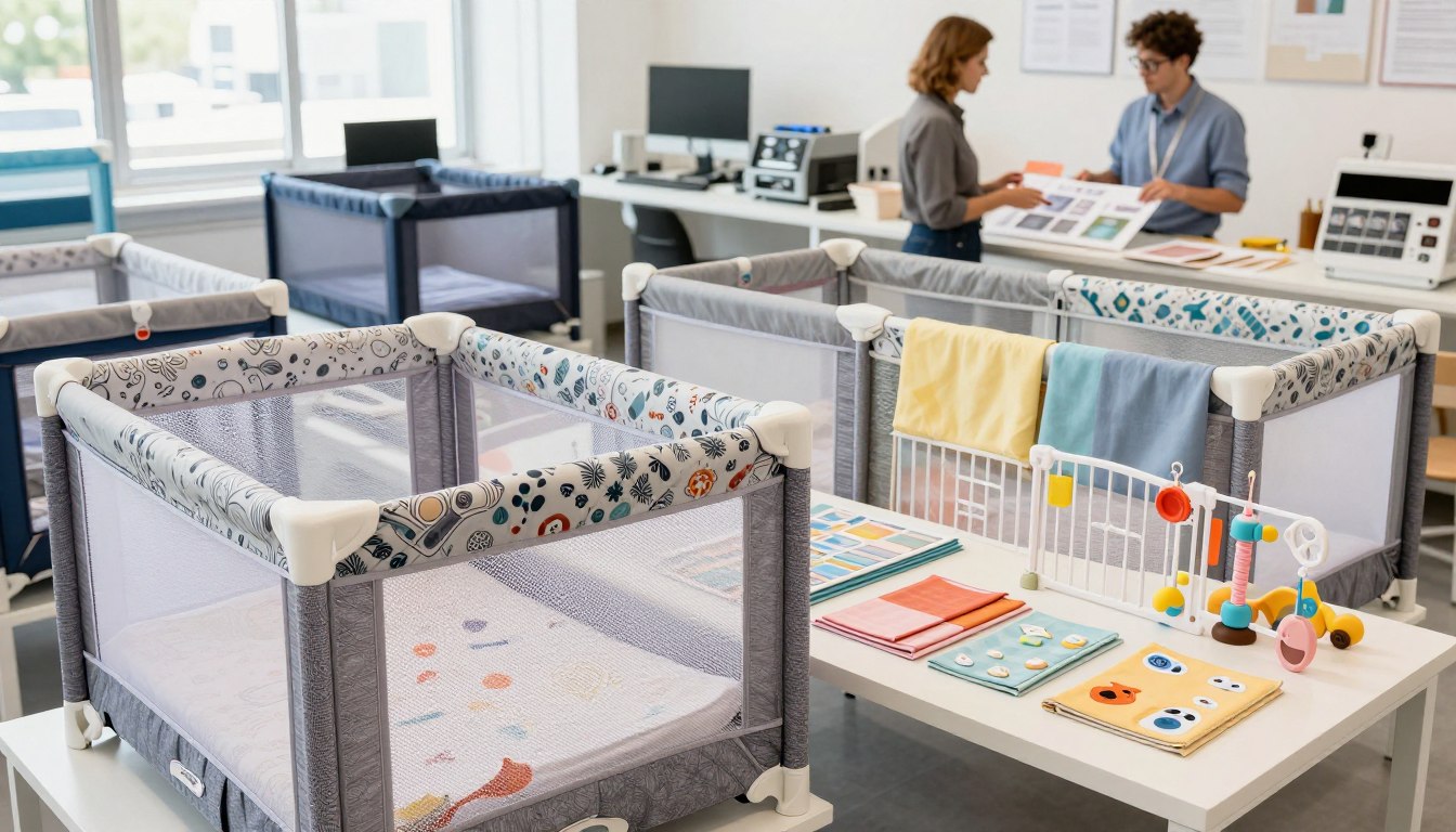 Playpens in a showroom with colorful baby accessories and two people discussing at a table.