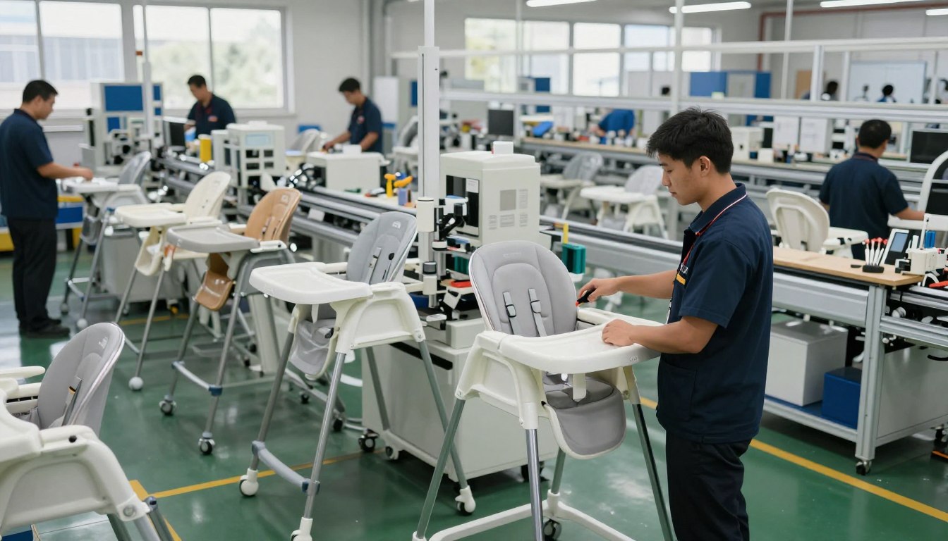 Workers assembling baby high chairs in a factory setting.