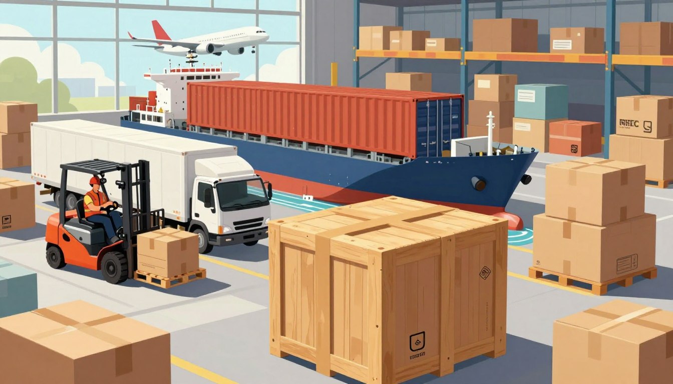 Warehouse scene with a forklift, cargo ship, truck, and airplane.