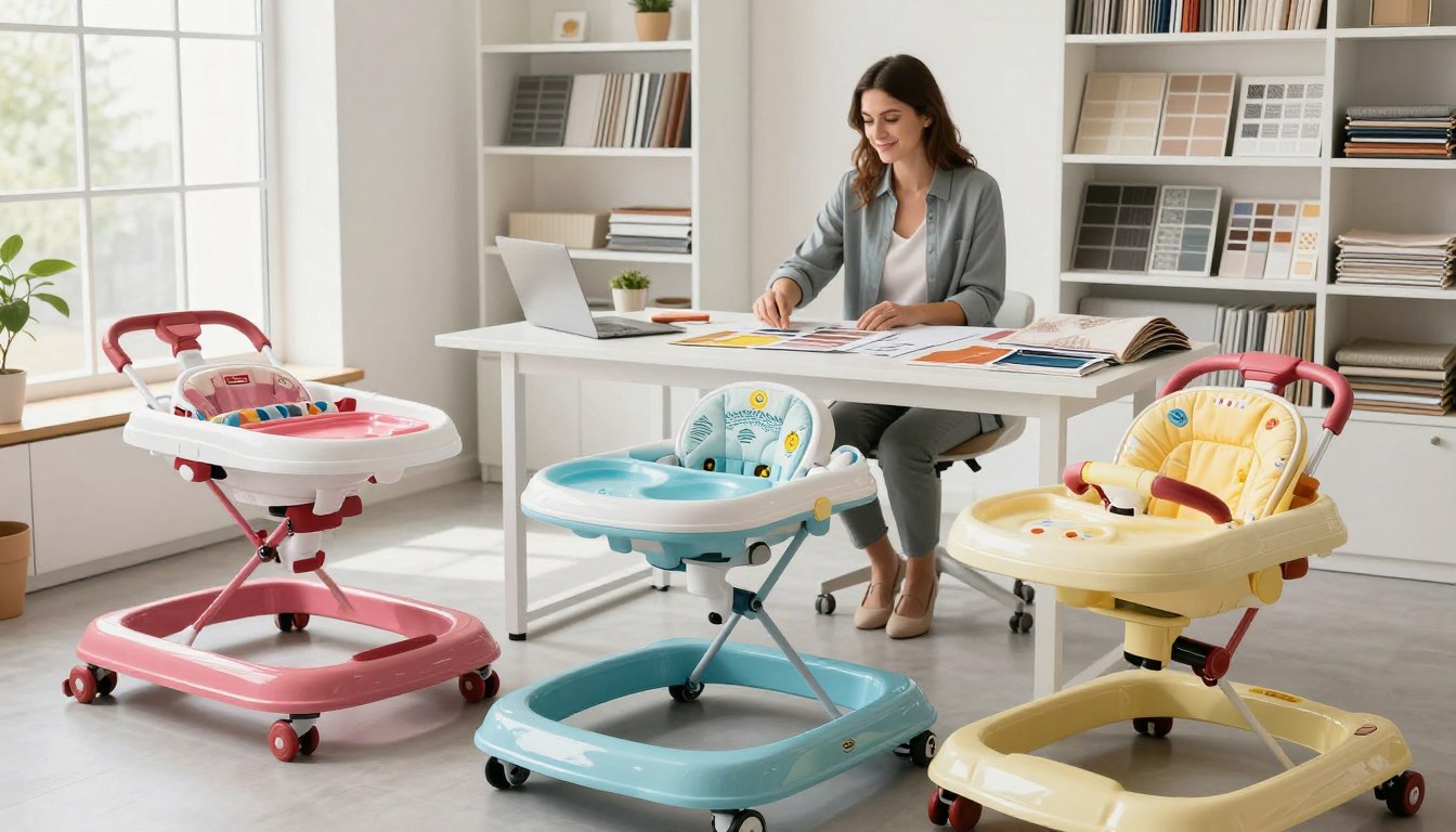 Designer reviewing documents at a desk with colorful baby walkers displayed in a bright office.