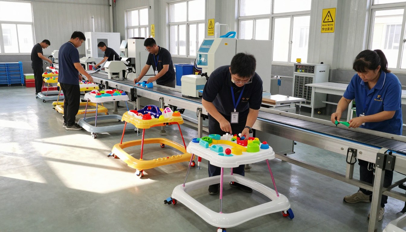 Workers assembling baby walkers on a factory production line.