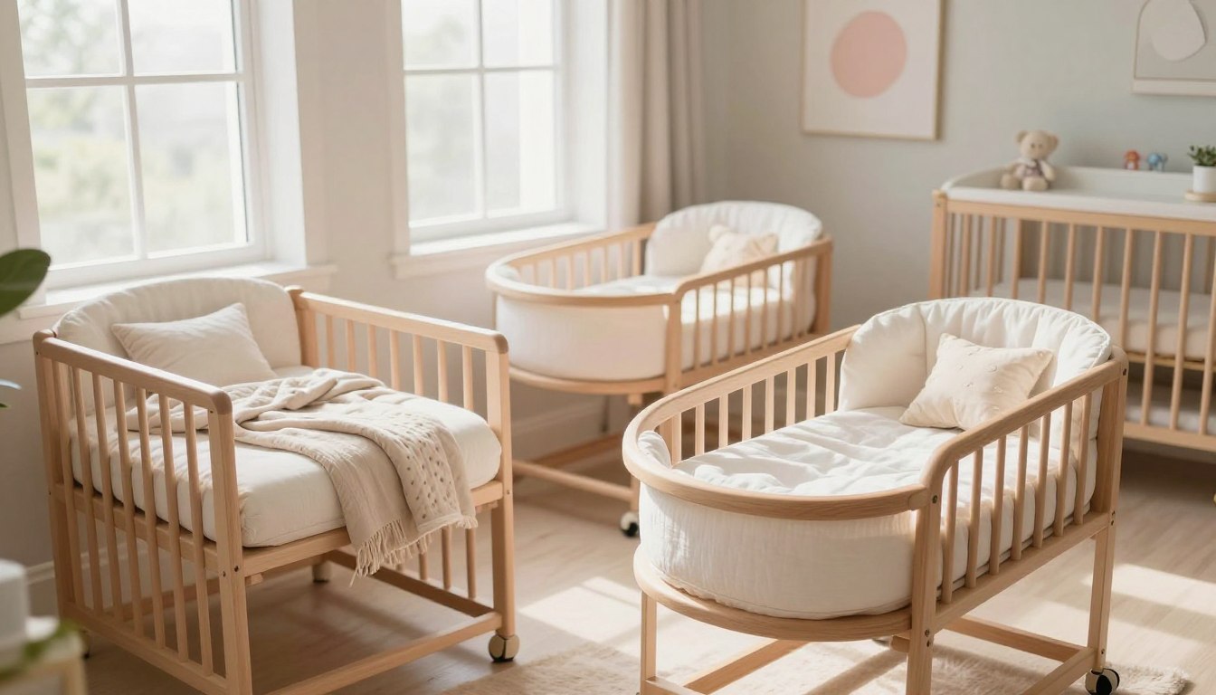 Bright nursery with wooden cribs, soft bedding, and natural light from large windows.
