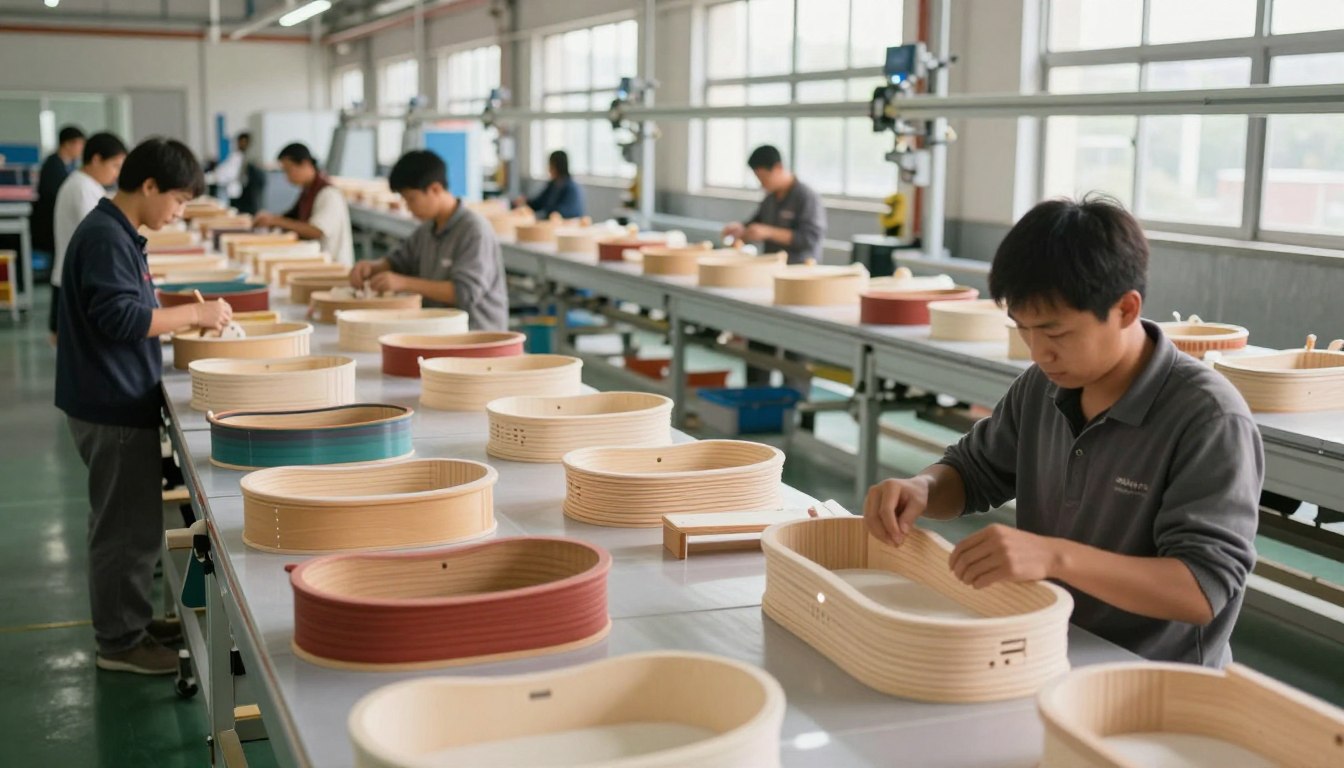 Workers assembling wooden frames in a factory production line.