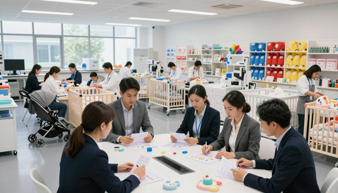 Meeting in daycare setting, professionals review documents, surrounded by cribs and toys.