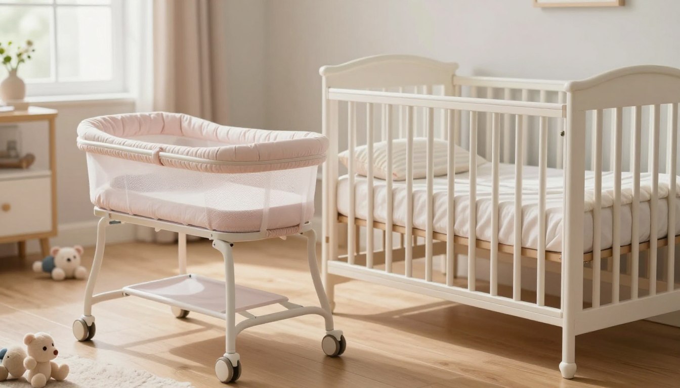 Baby nursery with a crib, pink bassinet on wheels, soft toys, and gentle natural lighting.