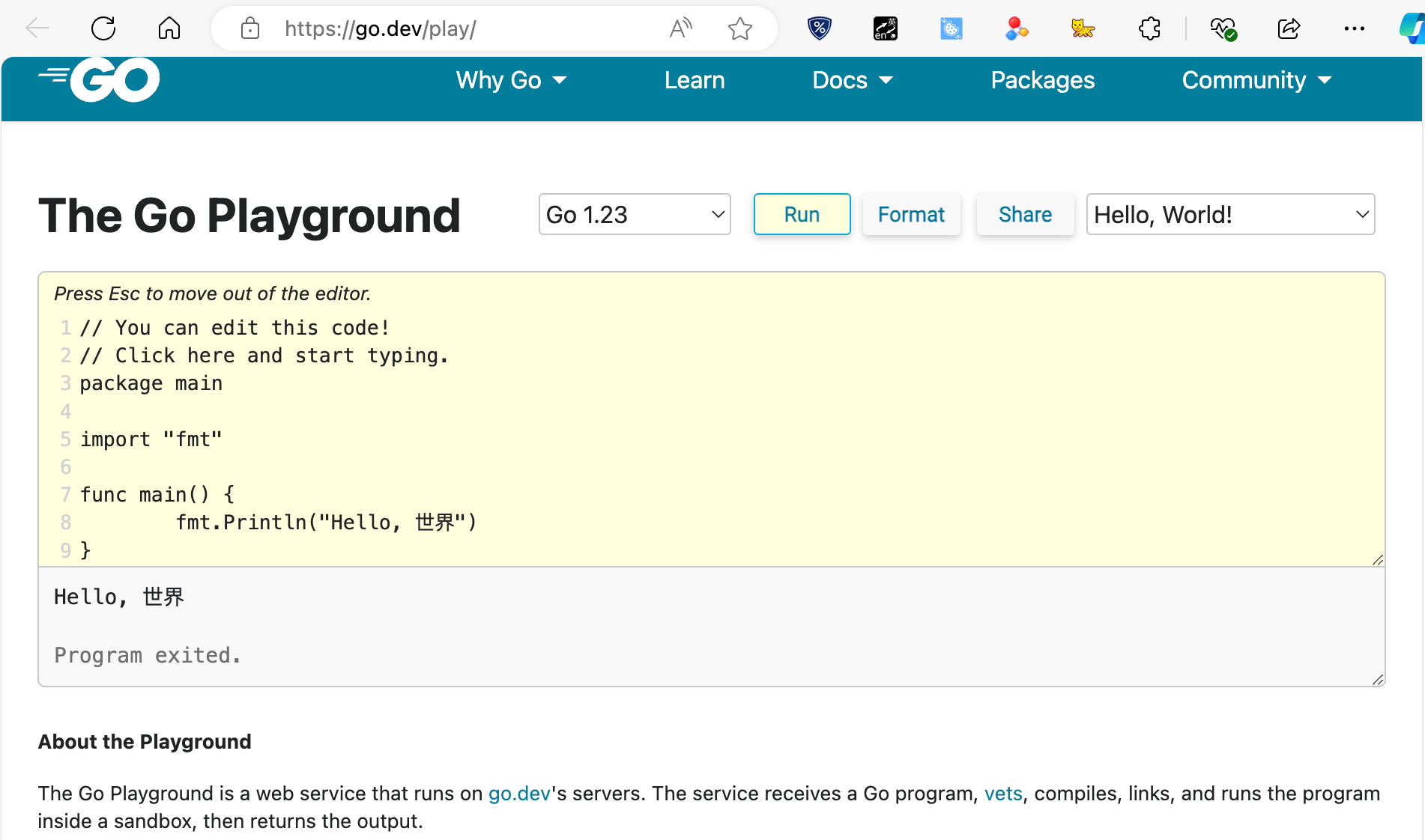 图1：Go Playground在线运行界面