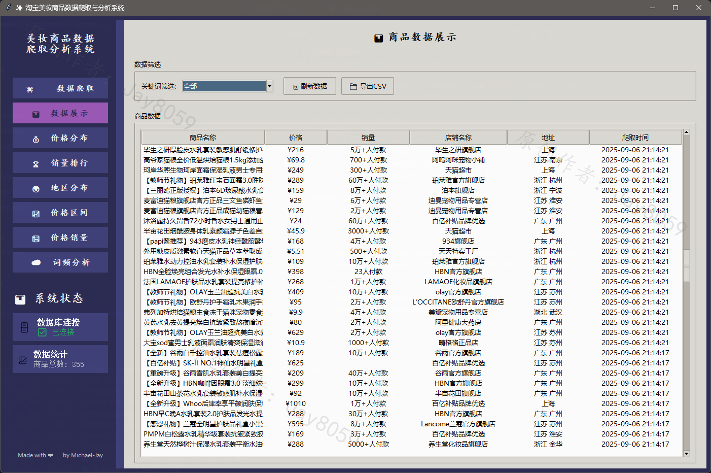 基于 Python 的淘宝美妆商品数据爬取与价格分析可视化系统项目截图2