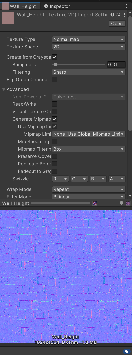 勾选了Create from Grayscale后，Unity会根据高度图来生成一张切线空间下的法线纹理