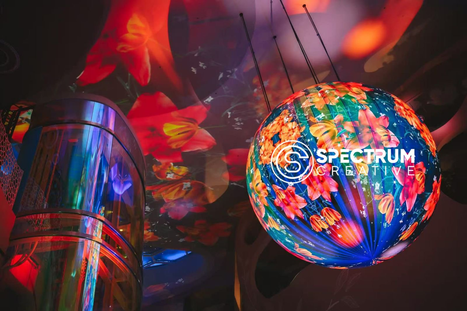Close-up of the 360° custom LED globe at Siam Paragon by Spectrum Creative, showcasing high-precision seamless splicing and distortion-free panoramic visuals.