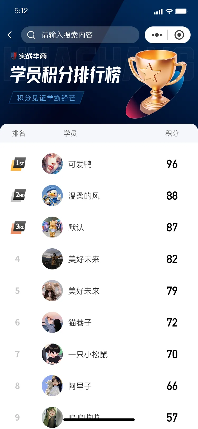 华商实战积分排行榜页面