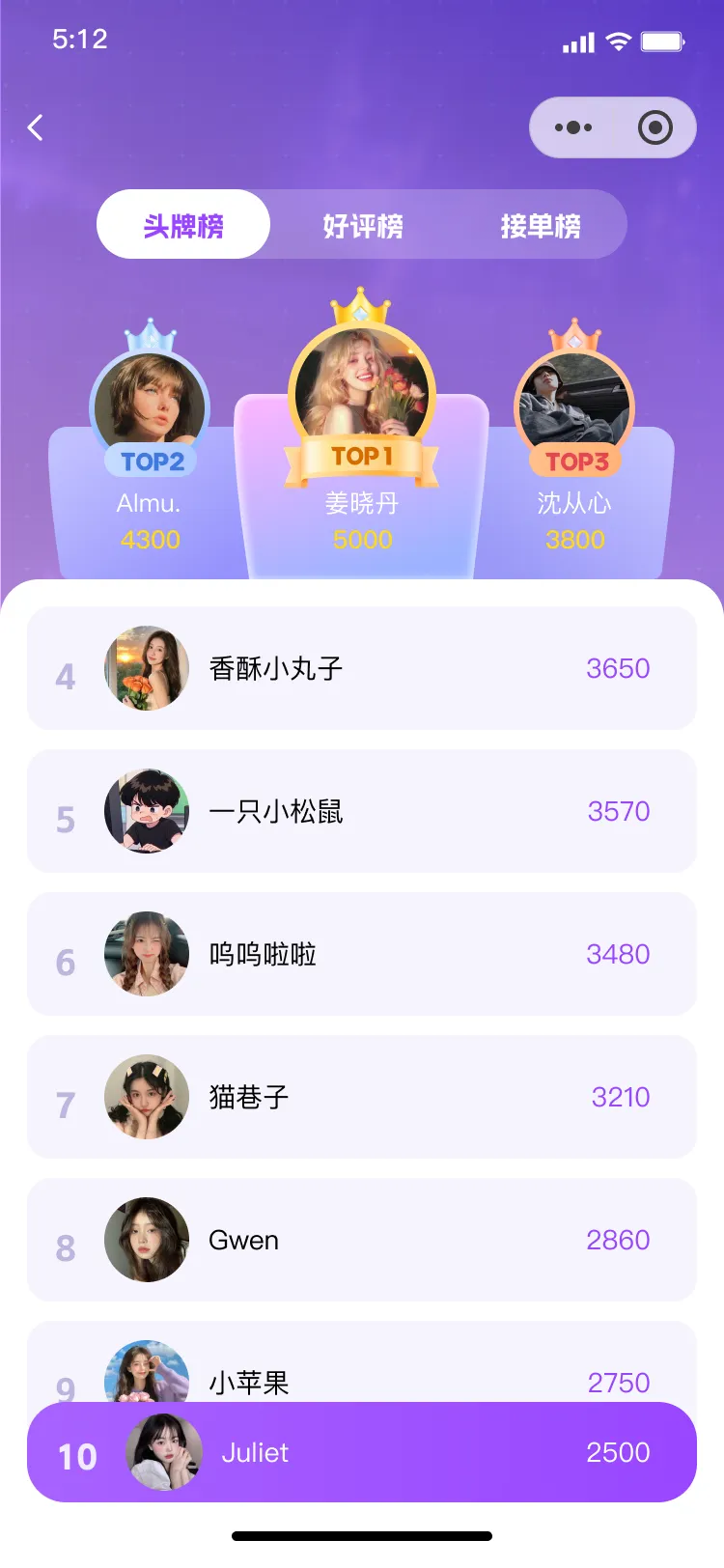 夜莺电竞陪玩排行榜页面
